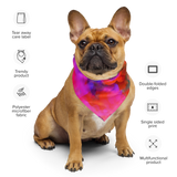 Adorable pet donning the colorful all-over print bandana.