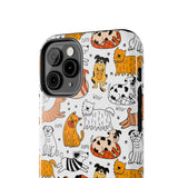 A premium quality dog cartoon printed tough iPhone case for iPhone 14 to iPhone 7. The case is made of durable Lexan plastic with a lay-flat bezel, flexible rubber liner, glossy finish, and UV protection. The case features a cartoon print of dogs laughing, making it a fun and stylish way to protect your phone.