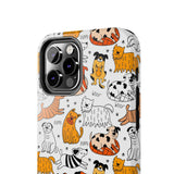 A premium quality dog cartoon printed tough iPhone case for iPhone 14 to iPhone 7. The case is made of durable Lexan plastic with a lay-flat bezel, flexible rubber liner, glossy finish, and UV protection. The case features a cartoon print of dogs laughing, making it a fun and stylish way to protect your phone.