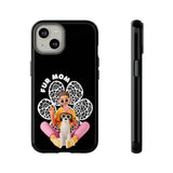 The "Fur Mom" design on the phone case, featuring a woman and her dog for iPhone 13 14 15