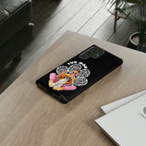 The "Fur Mom" design on the phone case, featuring a woman and her dog for Samsung Galaxy