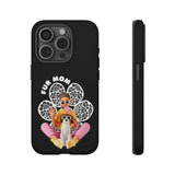 The "Fur Mom" design on the phone case, featuring a woman and her dog for iPhone 13 14 15