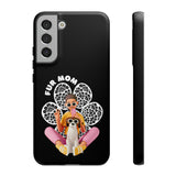 The "Fur Mom" design on the phone case, featuring a woman and her dog for Samsung Galaxy