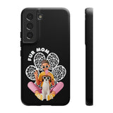 The "Fur Mom" design on the phone case, featuring a woman and her dog for Samsung Galaxy