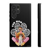 The "Fur Mom" design on the phone case, featuring a woman and her dog for Samsung Galaxy