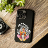 The "Fur Mom" design on the phone case, featuring a woman and her dog for iphone