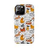 A premium quality dog cartoon printed tough iPhone case for iPhone 14 to iPhone 7. The case is made of durable Lexan plastic with a lay-flat bezel, flexible rubber liner, glossy finish, and UV protection. The case features a cartoon print of dogs laughing, making it a fun and stylish way to protect your phone.