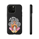 The "Fur Mom" design on the phone case, featuring a woman and her dog for iPhone 13 15 14