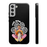 The "Fur Mom" design on the phone case, featuring a woman and her dog for Samsung Galaxy
