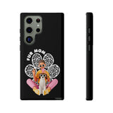 The "Fur Mom" design on the phone case, featuring a woman and her dog for Samsung Galaxy