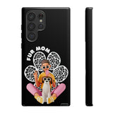 The "Fur Mom" design on the phone case, featuring a woman and her dog for Samsung Galaxy