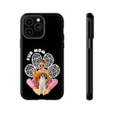 The "Fur Mom" design on the phone case, featuring a woman and her dog for iPhone 13 14 15