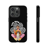 The "Fur Mom" design on the phone case, featuring a woman and her dog for iPhone 13 14 15