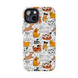 A premium quality dog cartoon printed tough iPhone case for iPhone 14 to iPhone 7. The case is made of durable Lexan plastic with a lay-flat bezel, flexible rubber liner, glossy finish, and UV protection. The case features a cartoon print of dogs laughing, making it a fun and stylish way to protect your phone.