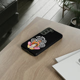 The "Fur Mom" design on the phone case, featuring a woman and her dog for Samsung Galaxy