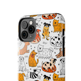 A premium quality dog cartoon printed tough iPhone case for iPhone 14 to iPhone 7. The case is made of durable Lexan plastic with a lay-flat bezel, flexible rubber liner, glossy finish, and UV protection. The case features a cartoon print of dogs laughing, making it a fun and stylish way to protect your phone.