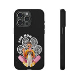 The "Fur Mom" design on the phone case, featuring a woman and her dog for iPhone 13 14 15