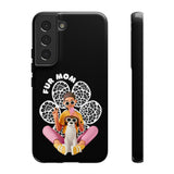 The "Fur Mom" design on the phone case, featuring a woman and her dog for Samsung Galaxy