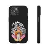The "Fur Mom" design on the phone case, featuring a woman and her dog for iPhone 13 14 15