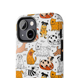 A premium quality dog cartoon printed tough iPhone case for iPhone 14 to iPhone 7. The case is made of durable Lexan plastic with a lay-flat bezel, flexible rubber liner, glossy finish, and UV protection. The case features a cartoon print of dogs laughing, making it a fun and stylish way to protect your phone.