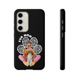 The "Fur Mom" design on the phone case, featuring a woman and her dog for Samsung Galaxy