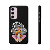 The "Fur Mom" design on the phone case, featuring a woman and her dog for Samsung Galaxy
