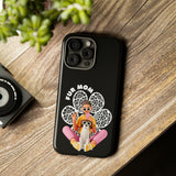 the "Fur Mom" design on the phone case, featuring a woman and her dog for iphone